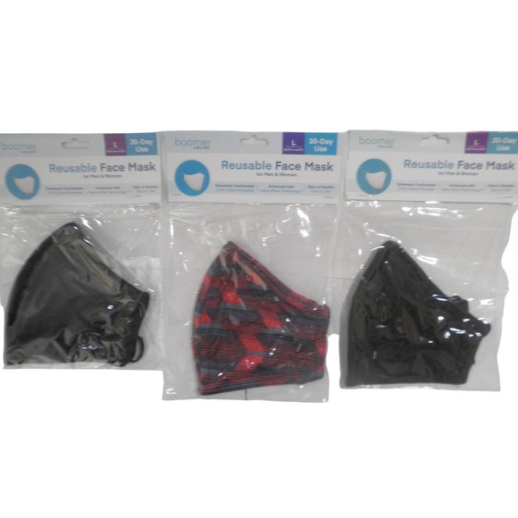 3 LG Boomer Naturals Silver Infused Cloth Face Masks -Black (2) & Red / Blue (1) - Picture 1 of 9